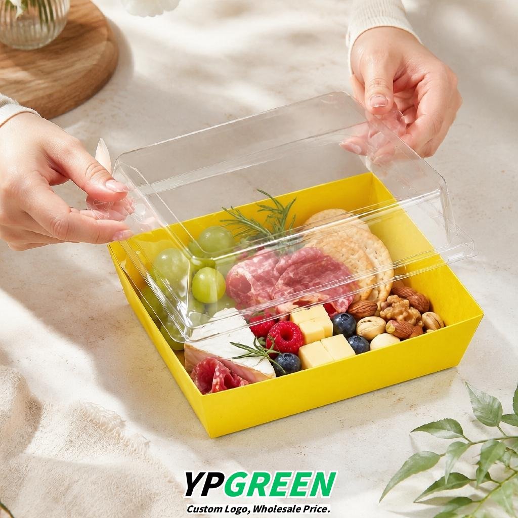 Yellow Charcuterie Boxes with Clear Lids - 4 inches & 5 inches Disposable Paper Square Food Containers