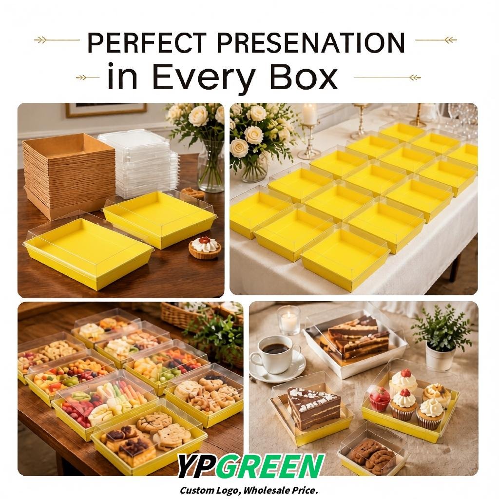Yellow Charcuterie Boxes with Clear Lids - 4 inches & 5 inches Disposable Paper Square Food Containers