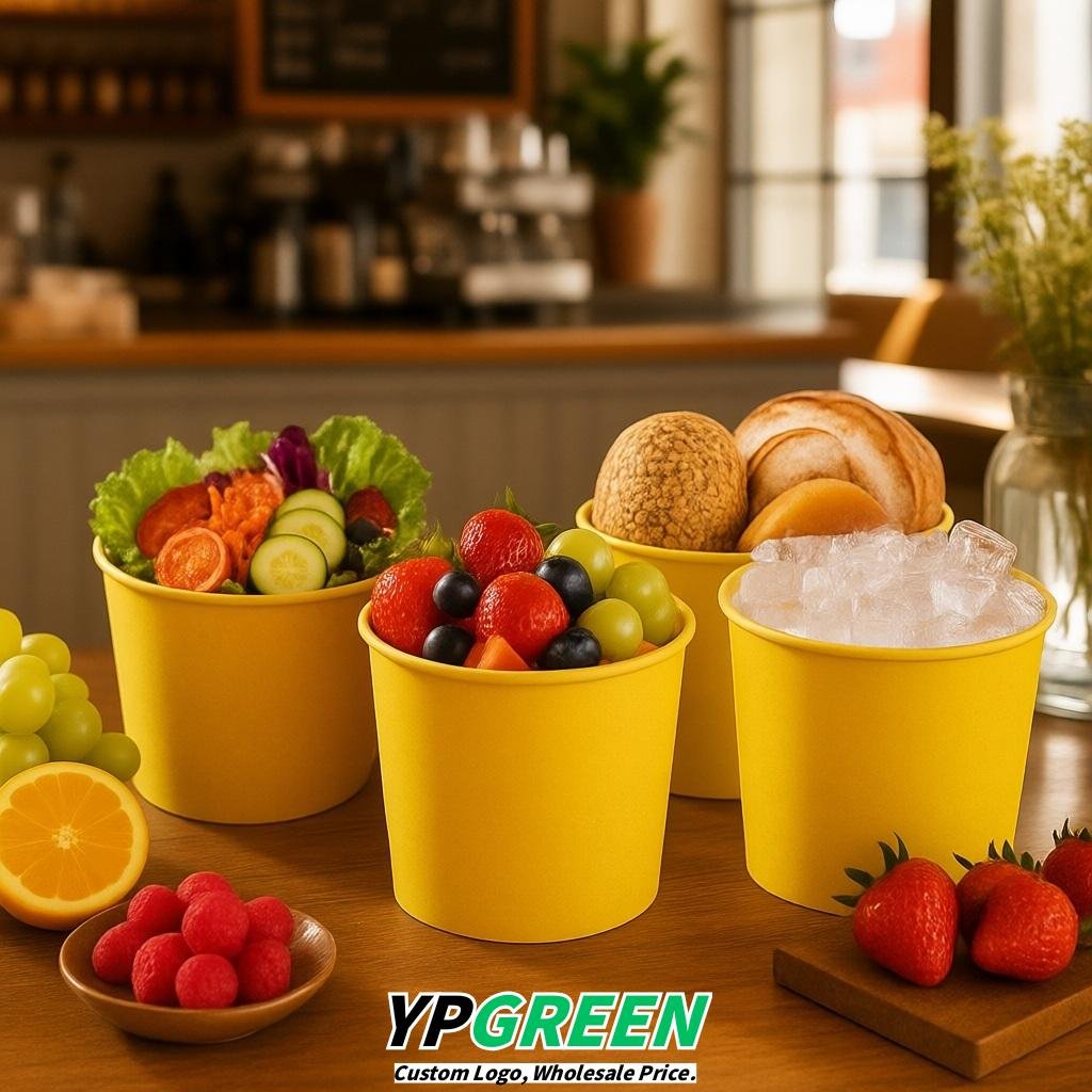 Yellow 85 oz Paper Buckets 6.9x5.7x6.3 Inches Cardboard Food Container
