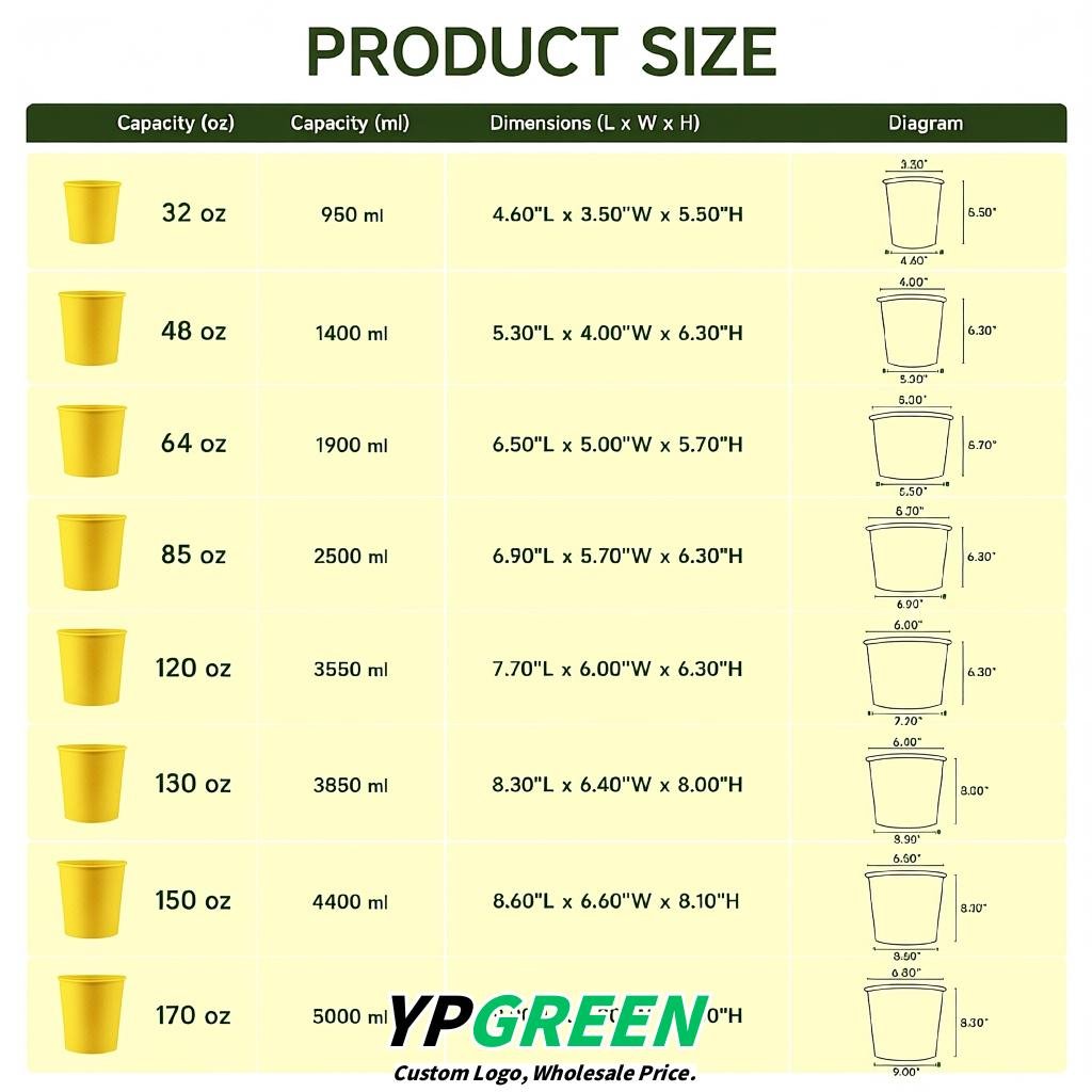 Yellow 85 oz Paper Buckets 6.9x5.7x6.3 Inches Cardboard Food Container