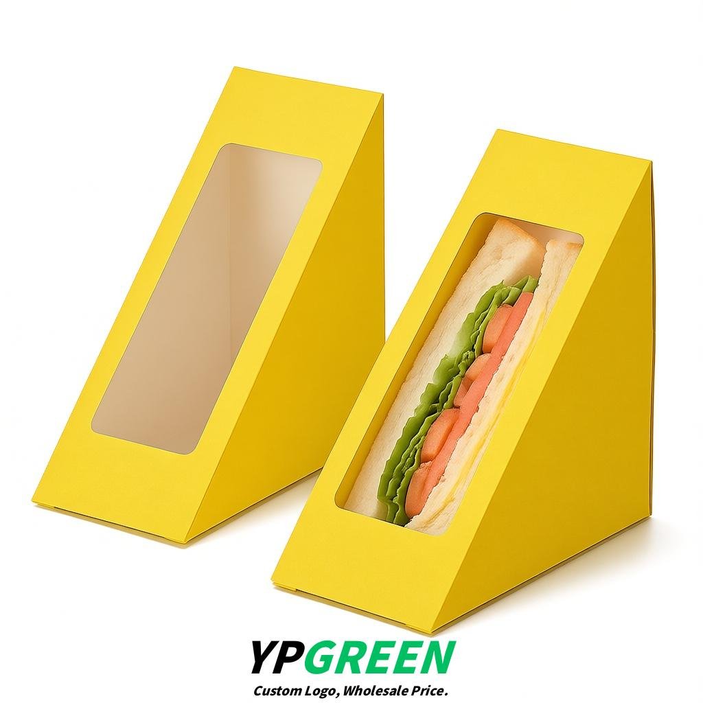 Yellow Triangle Paper Sandwich Boxes with Window 4.7x4.7x2.6 Inch - Factory Direct