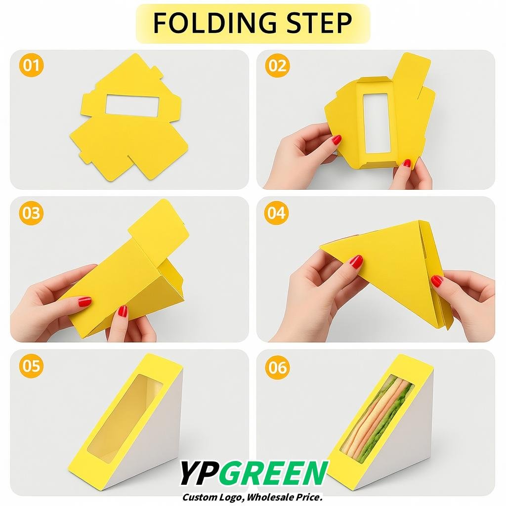 Yellow Triangle Paper Sandwich Boxes with Window 4.7x4.7x2.6 Inch - Factory Direct