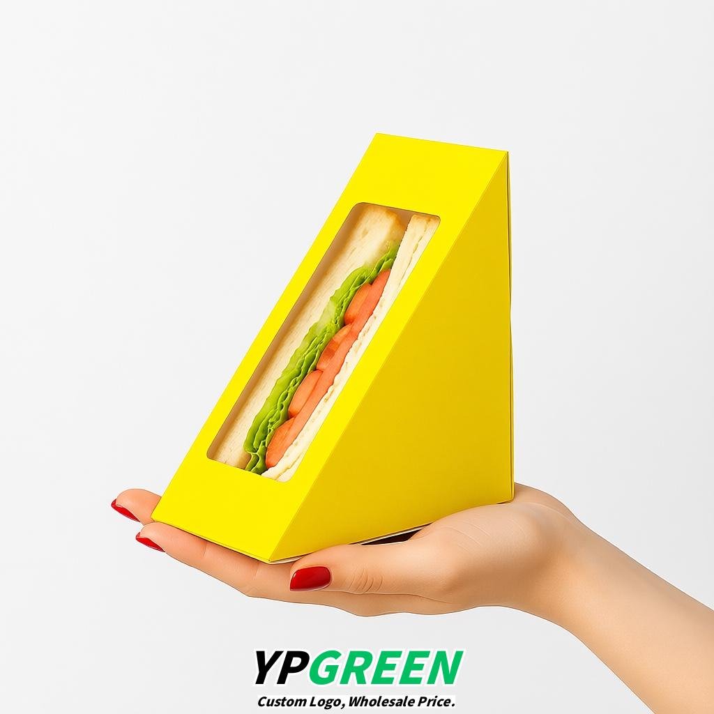 Yellow Triangle Paper Sandwich Boxes with Window 4.7x4.7x2.6 Inch - Factory Direct