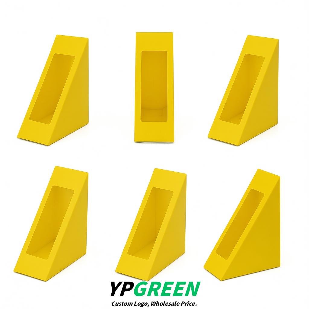 Yellow Triangle Paper Sandwich Boxes with Window 4.7x4.7x2.6 Inch - Factory Direct