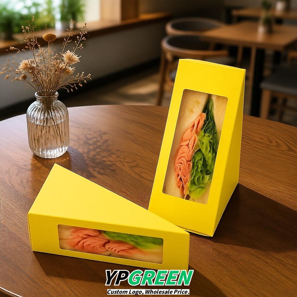 Yellow Triangle Paper Sandwich Boxes with Window 4.7x4.7x2.6 Inch - Factory Direct