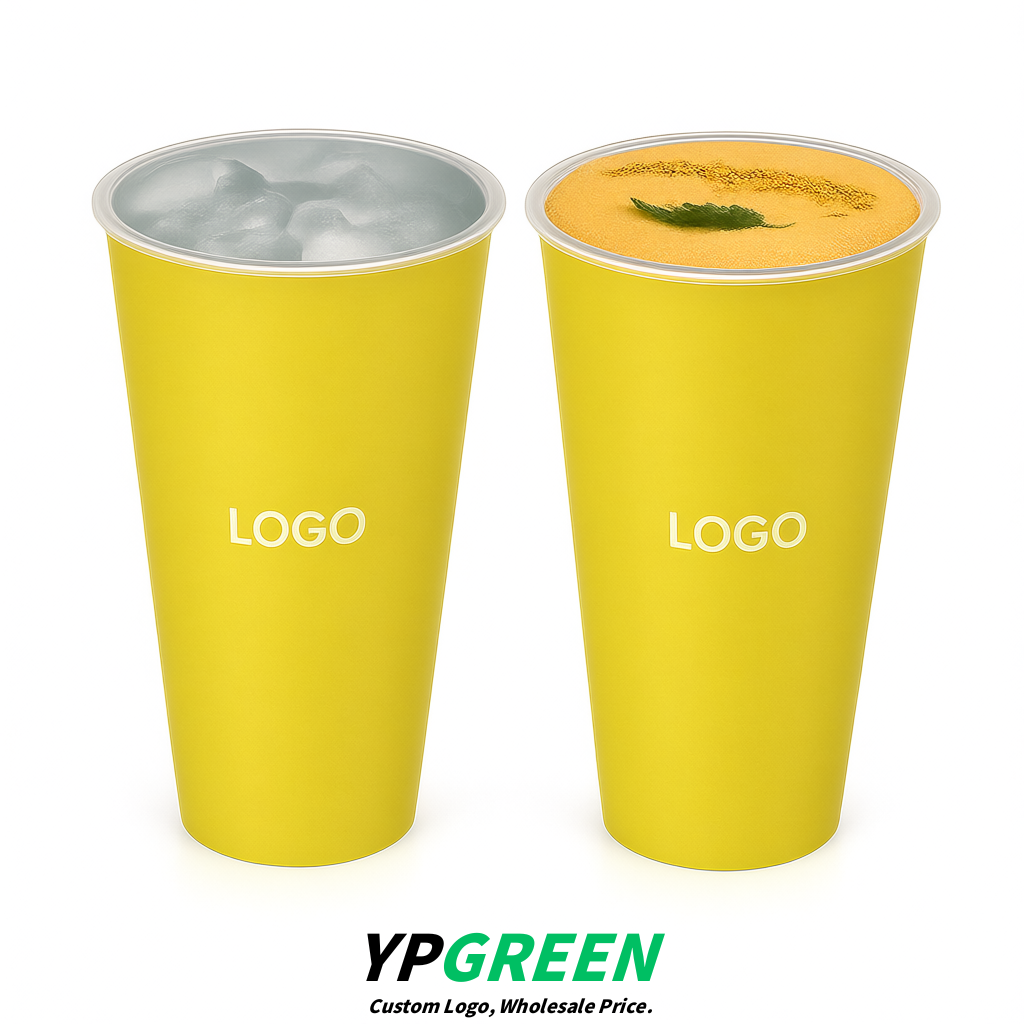 Lemon Yellow Matte Metal Film In-mold Labeling PP Injection Cup For Hot & Cold Drink