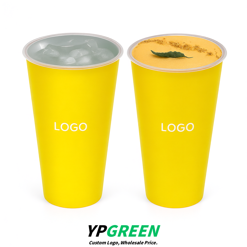 Yellow Matte Metal Film In-mold Labeling PP Injection Cup For Hot & Cold Drink