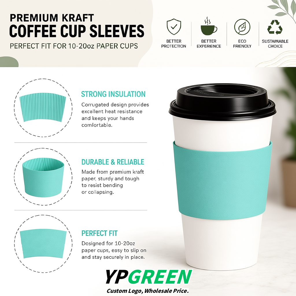 Aquamarine Kraft Paper Coffee Cup Sleeves For 10, 12, 16, 20 oz Paper & Plastic Cups Factory