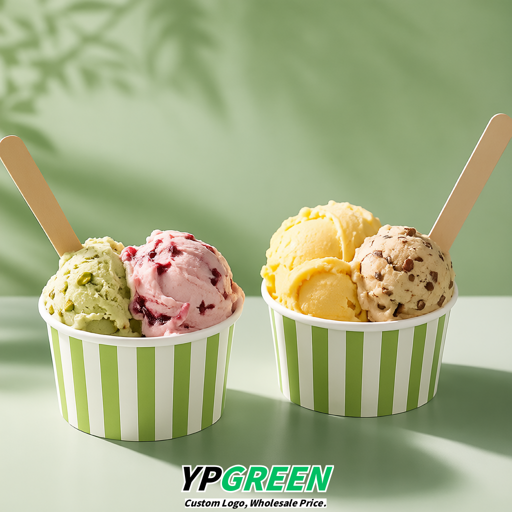 Avocado Green Paper Gelato Takeaway Cup 2-10oz Disposable Ice Cream Bowls with Lids Factory