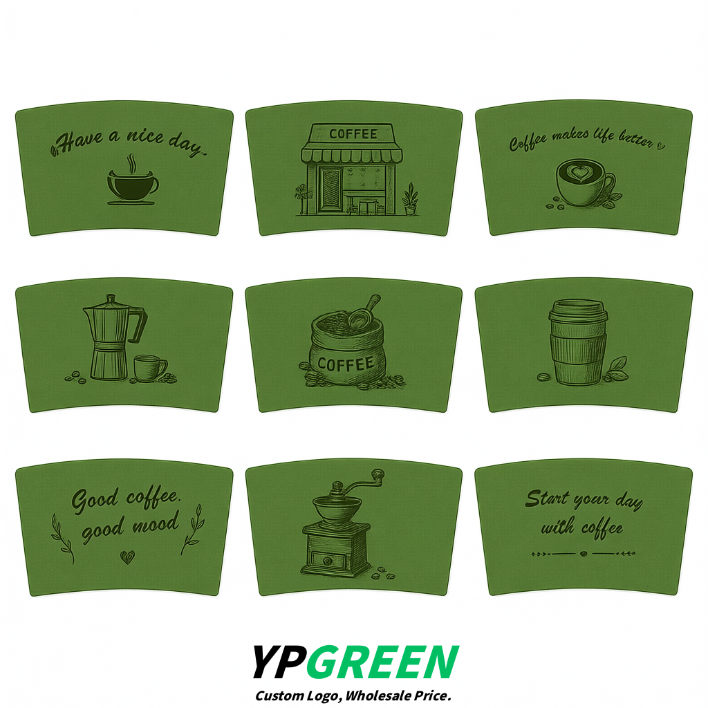 Avocado Green Kraft Paper Coffee Cup Sleeves For 10, 12, 16, 20 oz Paper & Plastic Cups Factory