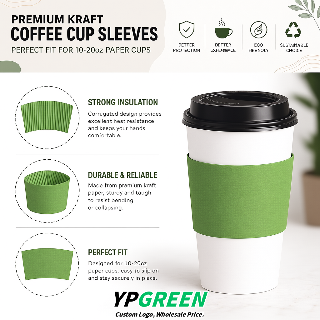 Avocado Green Kraft Paper Coffee Cup Sleeves For 10, 12, 16, 20 oz Paper & Plastic Cups Factory