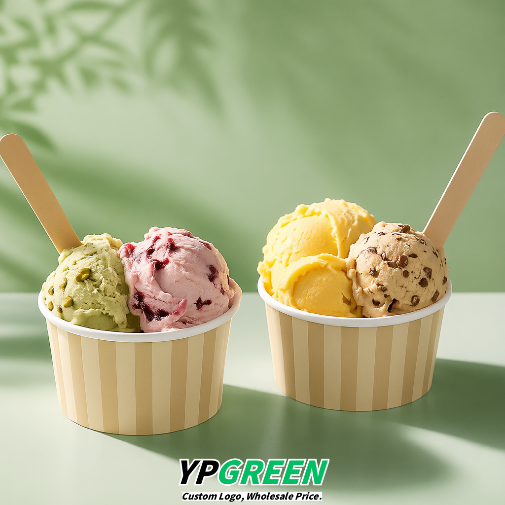 Beige Paper Gelato Takeaway Cup 2-10oz Disposable Ice Cream Bowls with Lids Factory