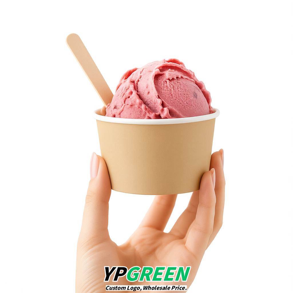 Beige Paper Gelato Takeaway Cup 2-10oz Disposable Ice Cream Bowls with Lids Factory