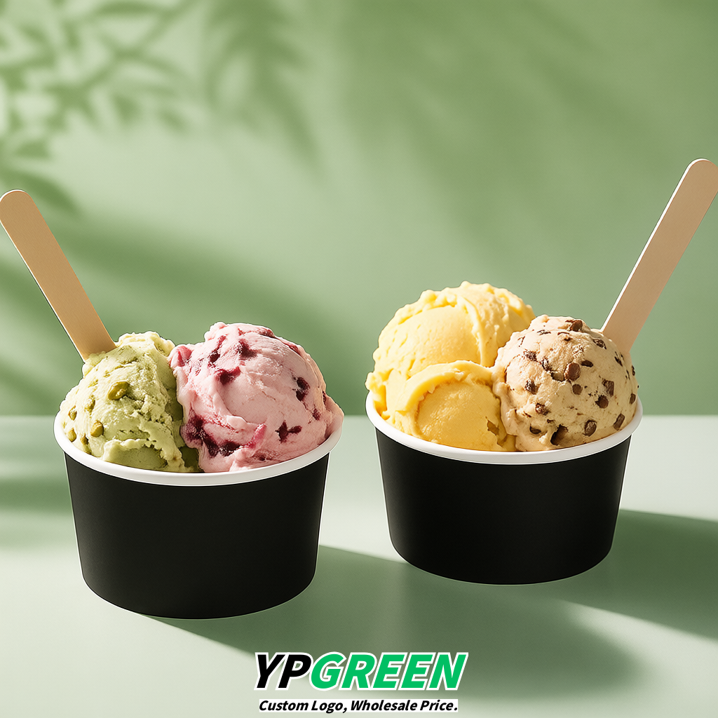 Black Paper Gelato Takeaway Cup 2-10oz Disposable Ice Cream Bowls with Lids Factory
