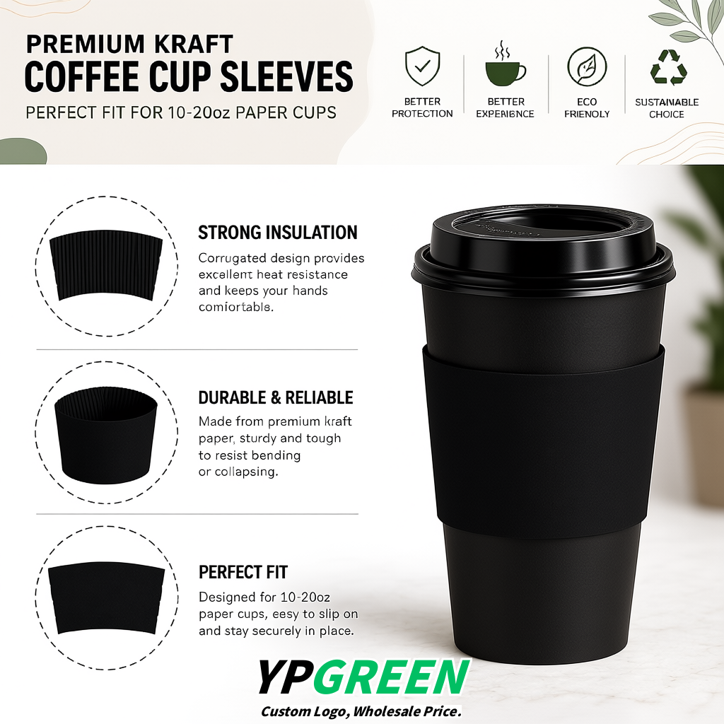 Black Kraft Paper Coffee Cup Sleeves For 10, 12, 16, 20 oz Paper & Plastic Cups Factory