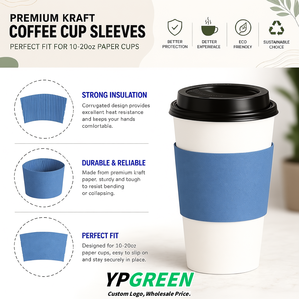 Blue Kraft Paper Coffee Cup Sleeves For 10, 12, 16, 20 oz Paper & Plastic Cups Factory