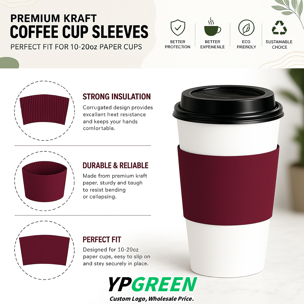 Burgundy Kraft Paper Coffee Cup Sleeves For 10, 12, 16, 20 oz Paper & Plastic Cups Factory
