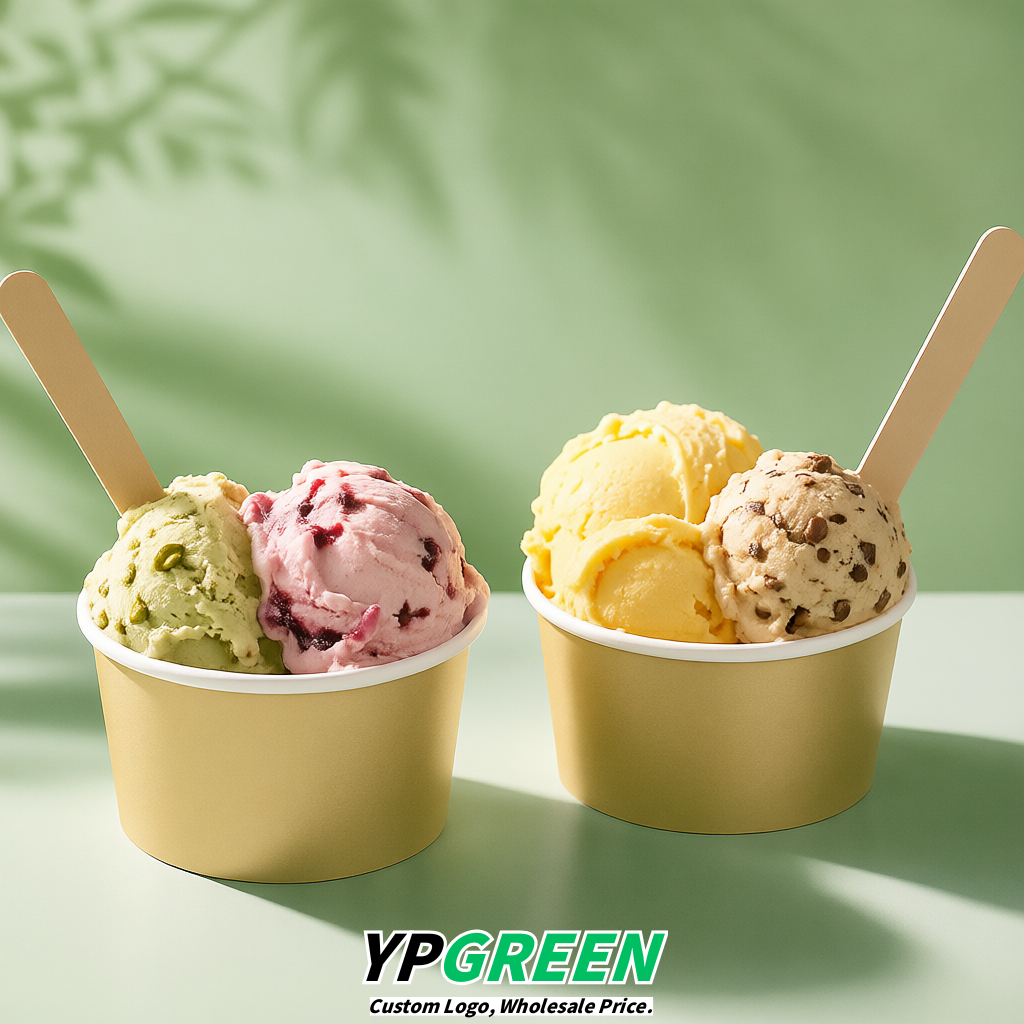 Champagne Paper Gelato Takeaway Cup 2-10oz Disposable Ice Cream Bowls with Lids Factory