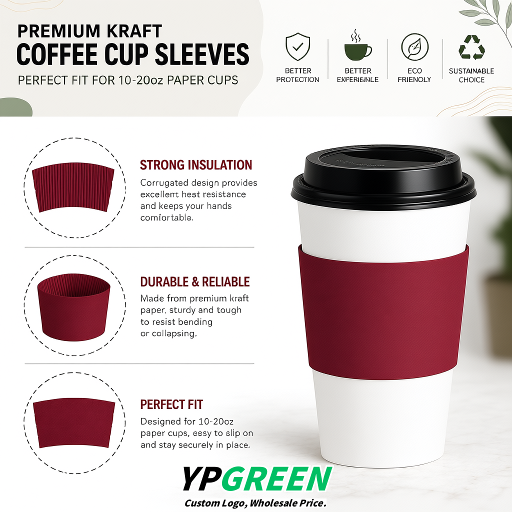 Crimson Kraft Paper Coffee Cup Sleeves For 10, 12, 16, 20 oz Paper & Plastic Cups Factory