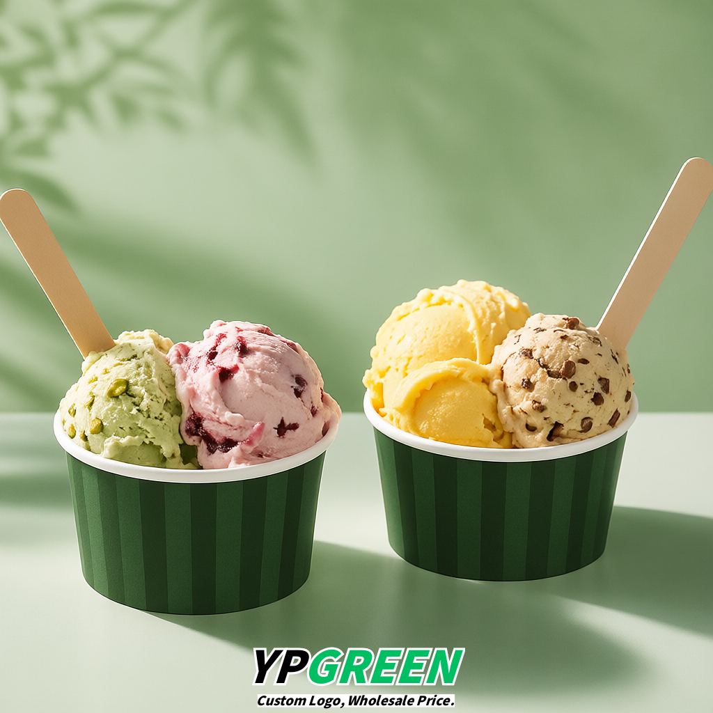 Dark Green Paper Gelato Takeaway Cup 2-10oz Disposable Ice Cream Bowls with Lids Factory