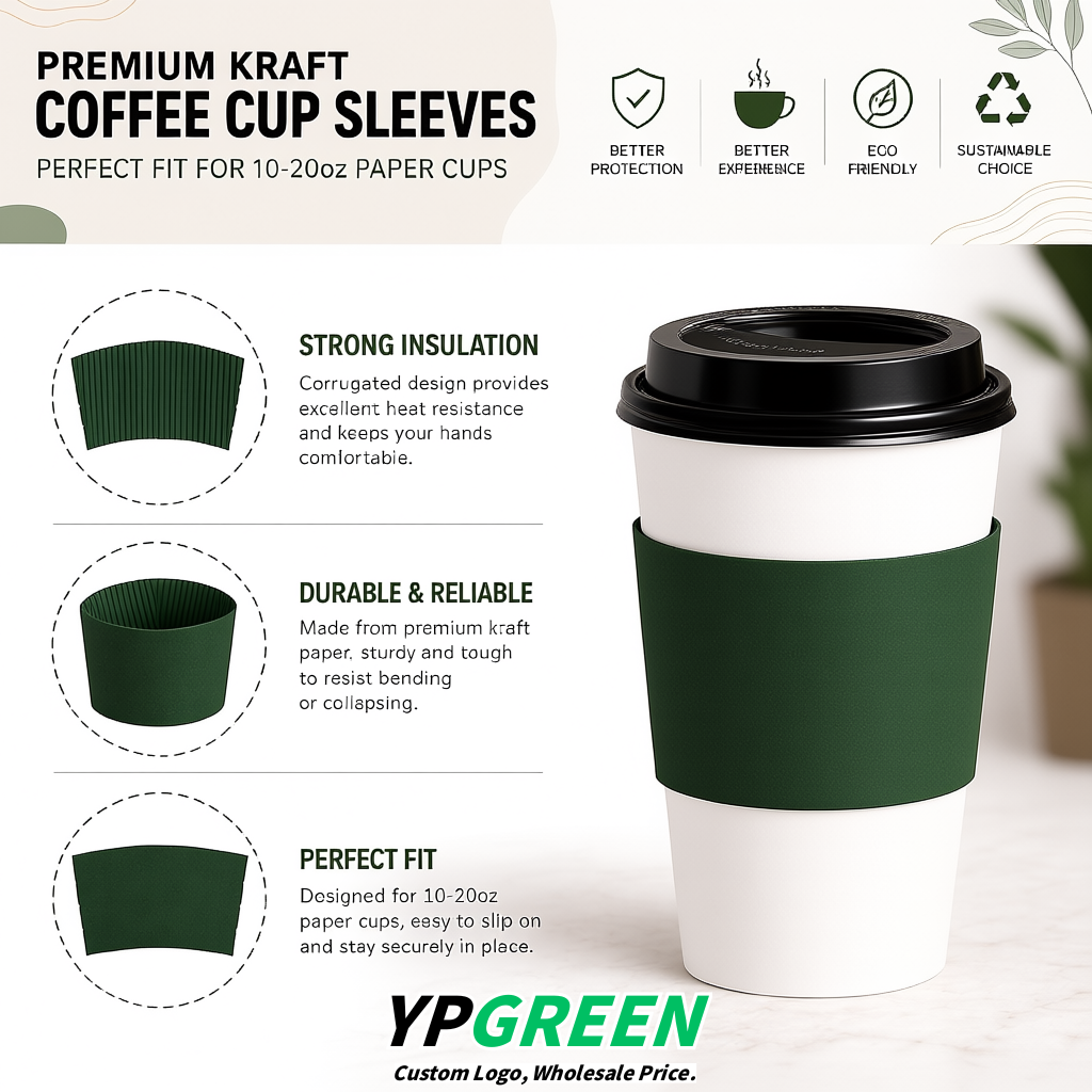 Dark Green Kraft Paper Coffee Cup Sleeves For 10, 12, 16, 20 oz Paper & Plastic Cups Factory