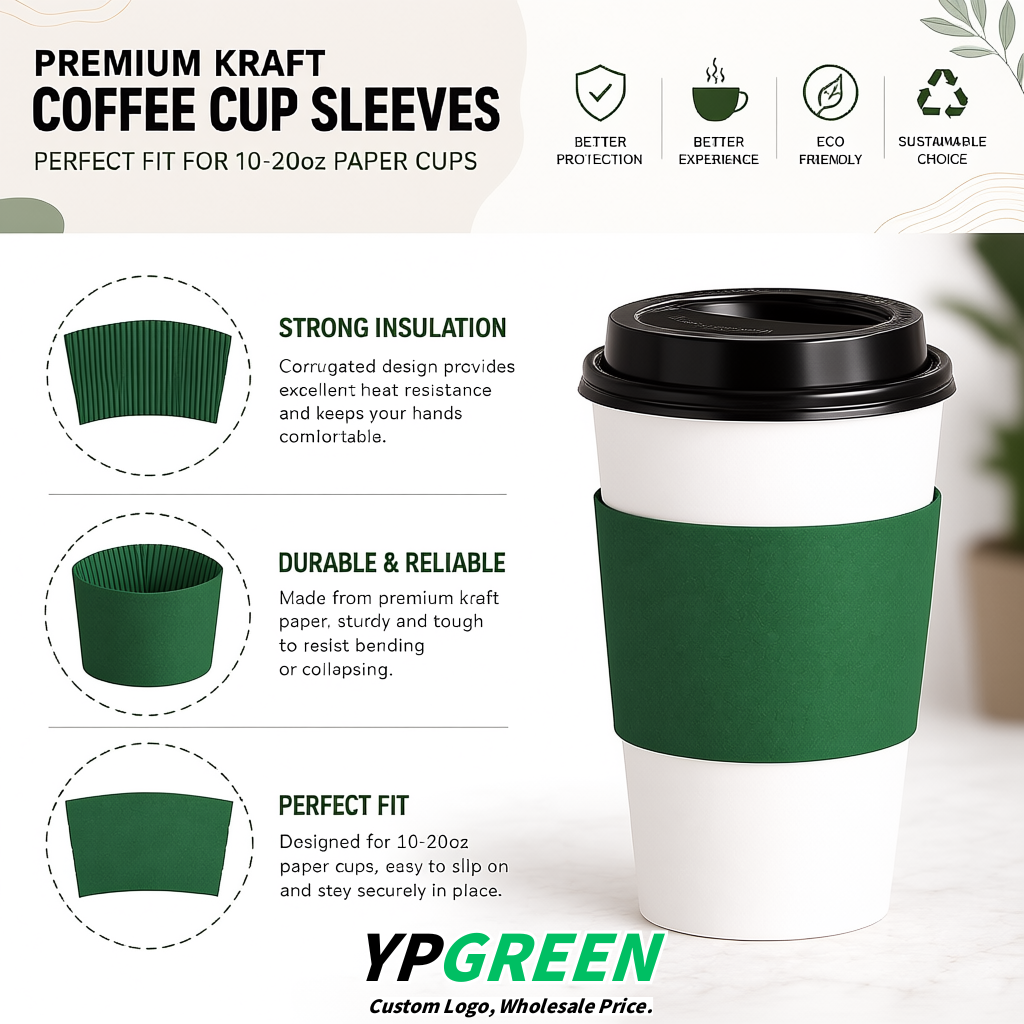 Emerald Green Kraft Paper Coffee Cup Sleeves For 10, 12, 16, 20 oz Paper & Plastic Cups Factory