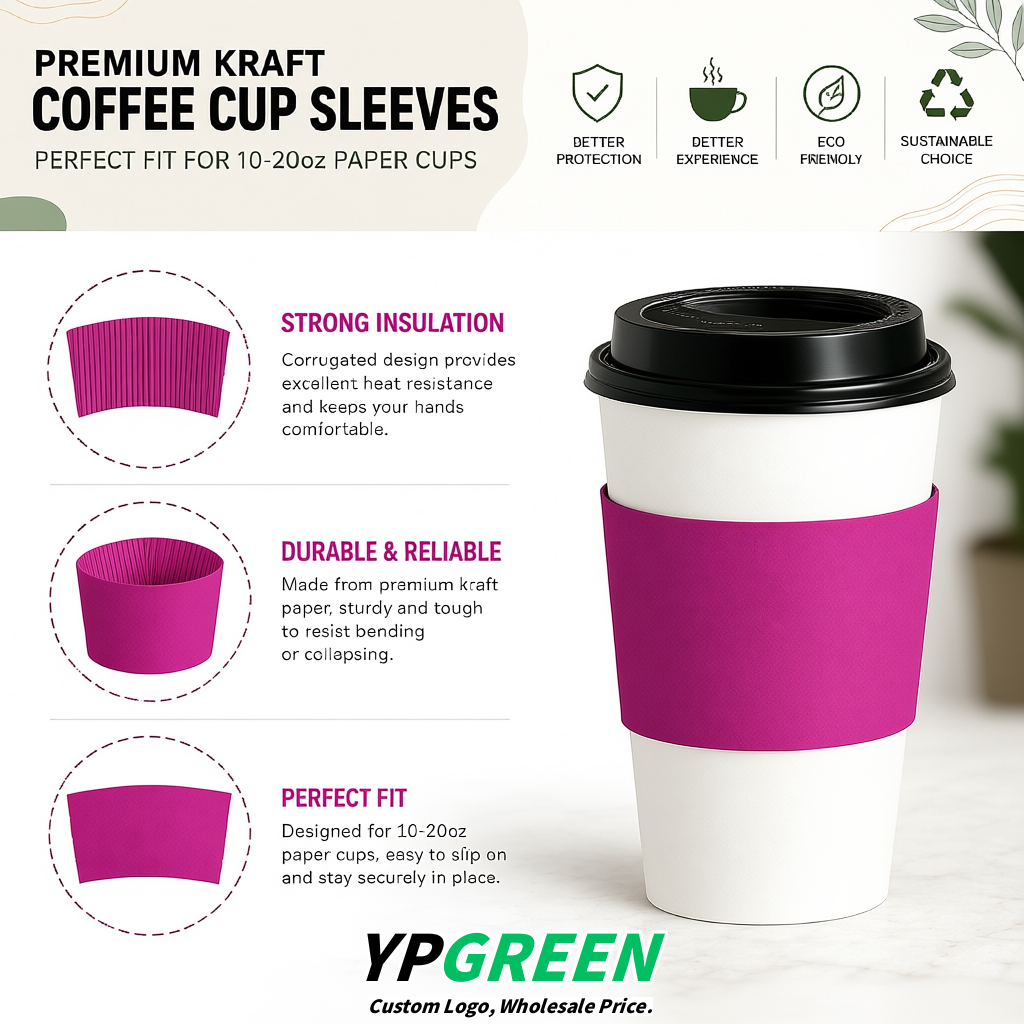 Fuchsia Kraft Paper Coffee Cup Sleeves For 10, 12, 16, 20 oz Paper & Plastic Cups Factory