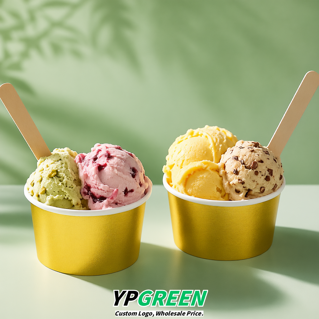 Gold Paper Gelato Takeaway Cup 2-10oz Disposable Ice Cream Bowls with Lids Factory