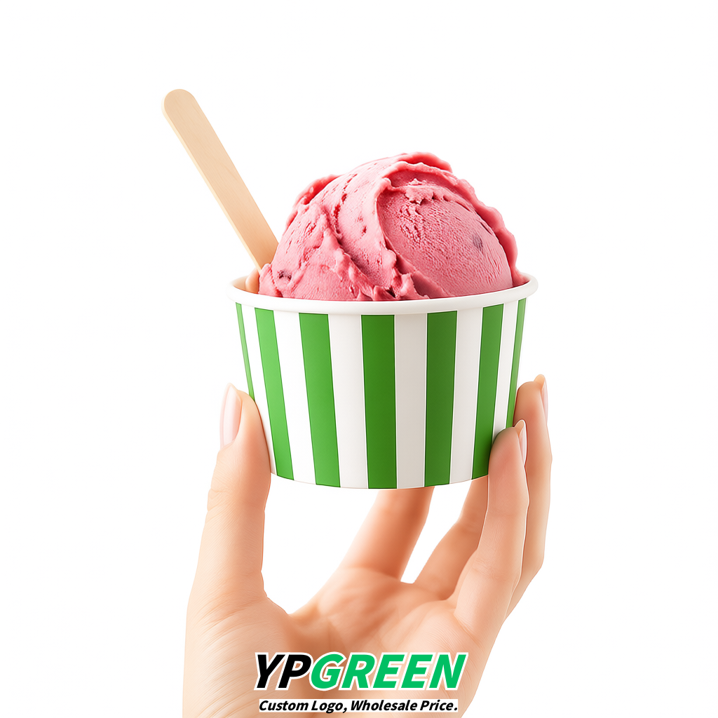 Green Paper Gelato Takeaway Cup 2-10oz Disposable Ice Cream Bowls with Lids Factory