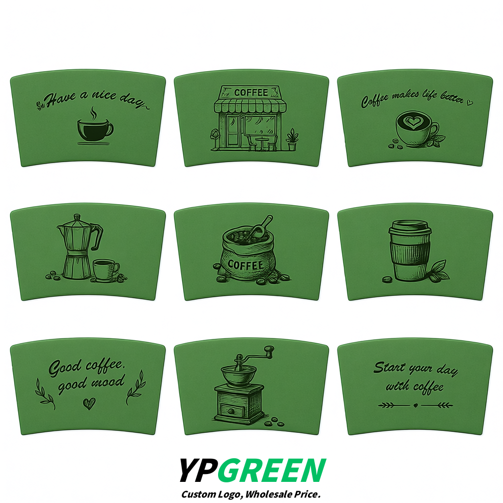 Green Kraft Paper Coffee Cup Sleeves For 10, 12, 16, 20 oz Paper & Plastic Cups Factory
