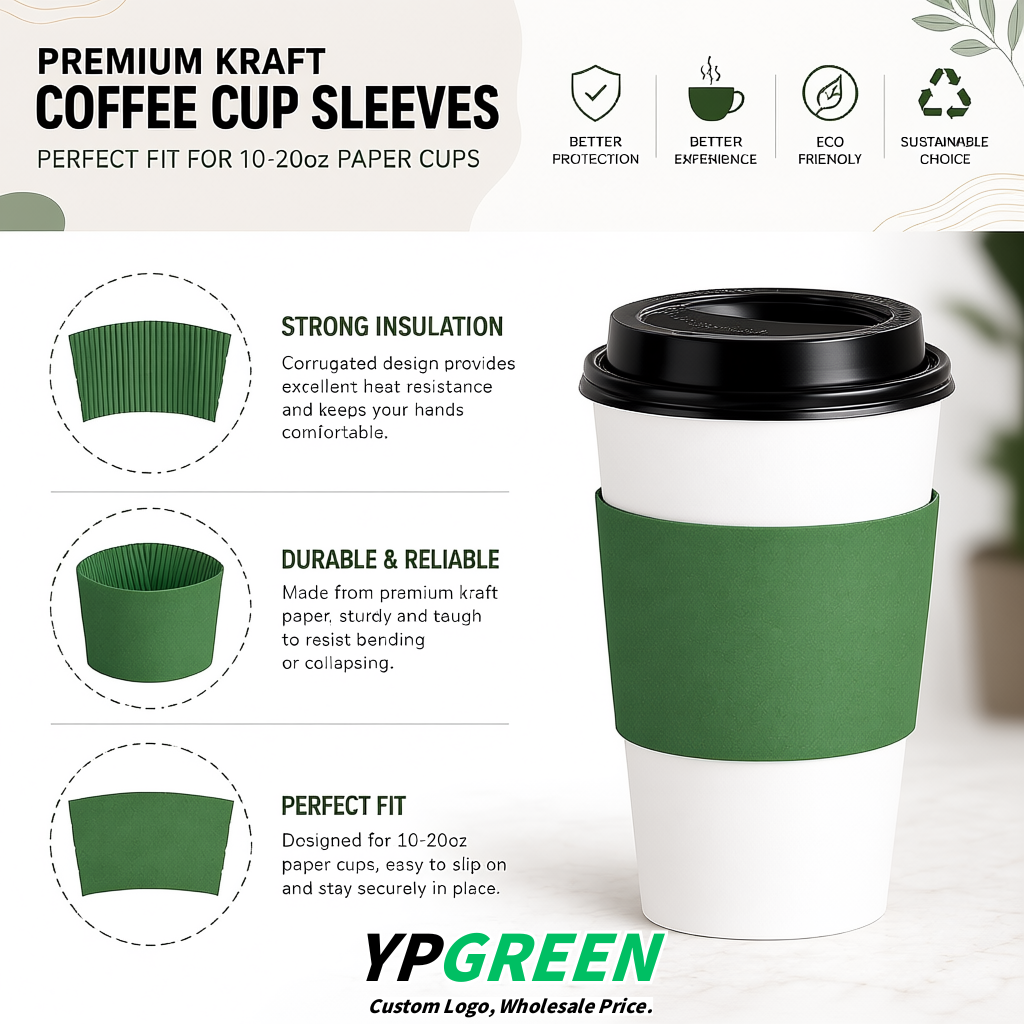 Green Kraft Paper Coffee Cup Sleeves For 10, 12, 16, 20 oz Paper & Plastic Cups Factory