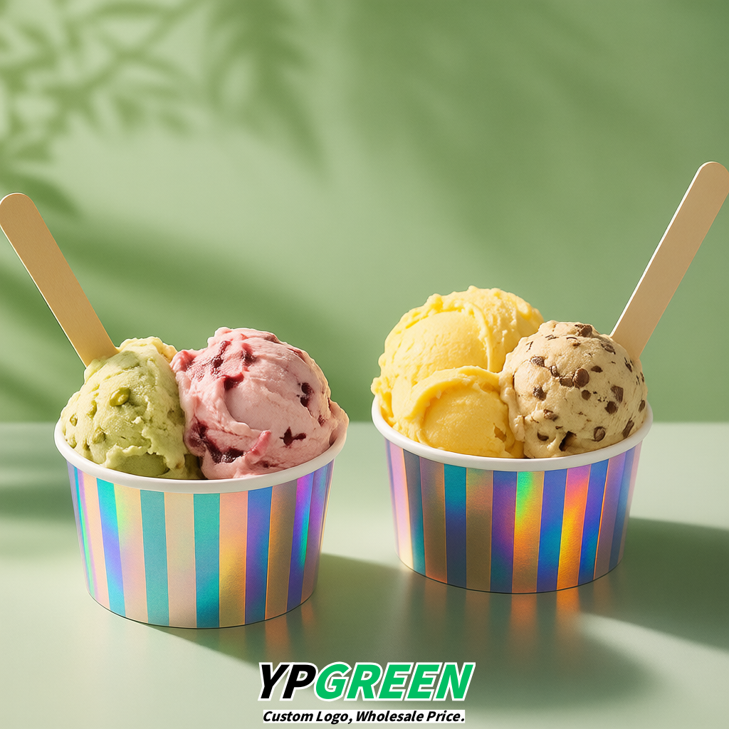 Holographic Paper Gelato Takeaway Cup 2-10oz Disposable Ice Cream Bowls with Lids Factory