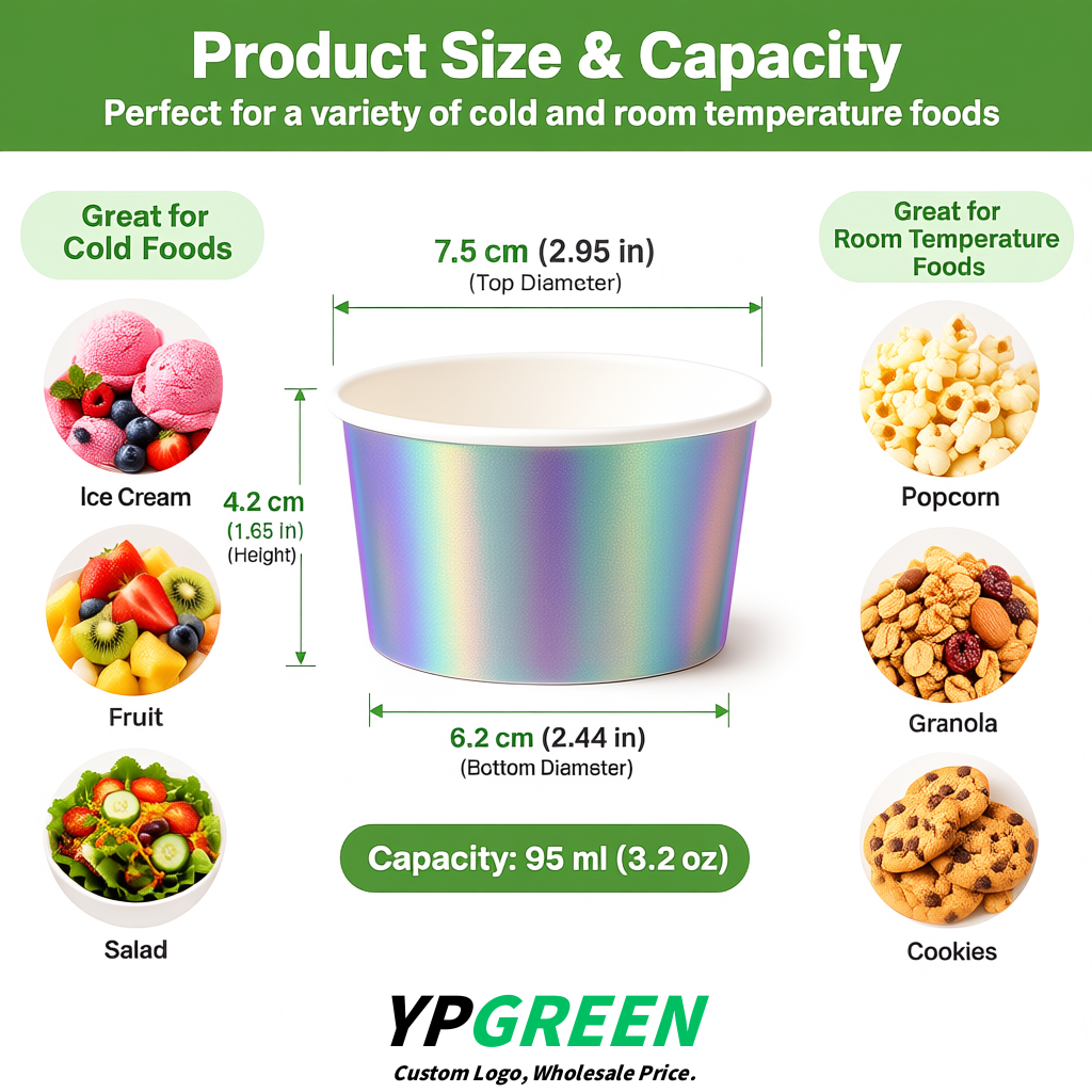 Holographic Paper Gelato Takeaway Cup 2-10oz Disposable Ice Cream Bowls with Lids Factory