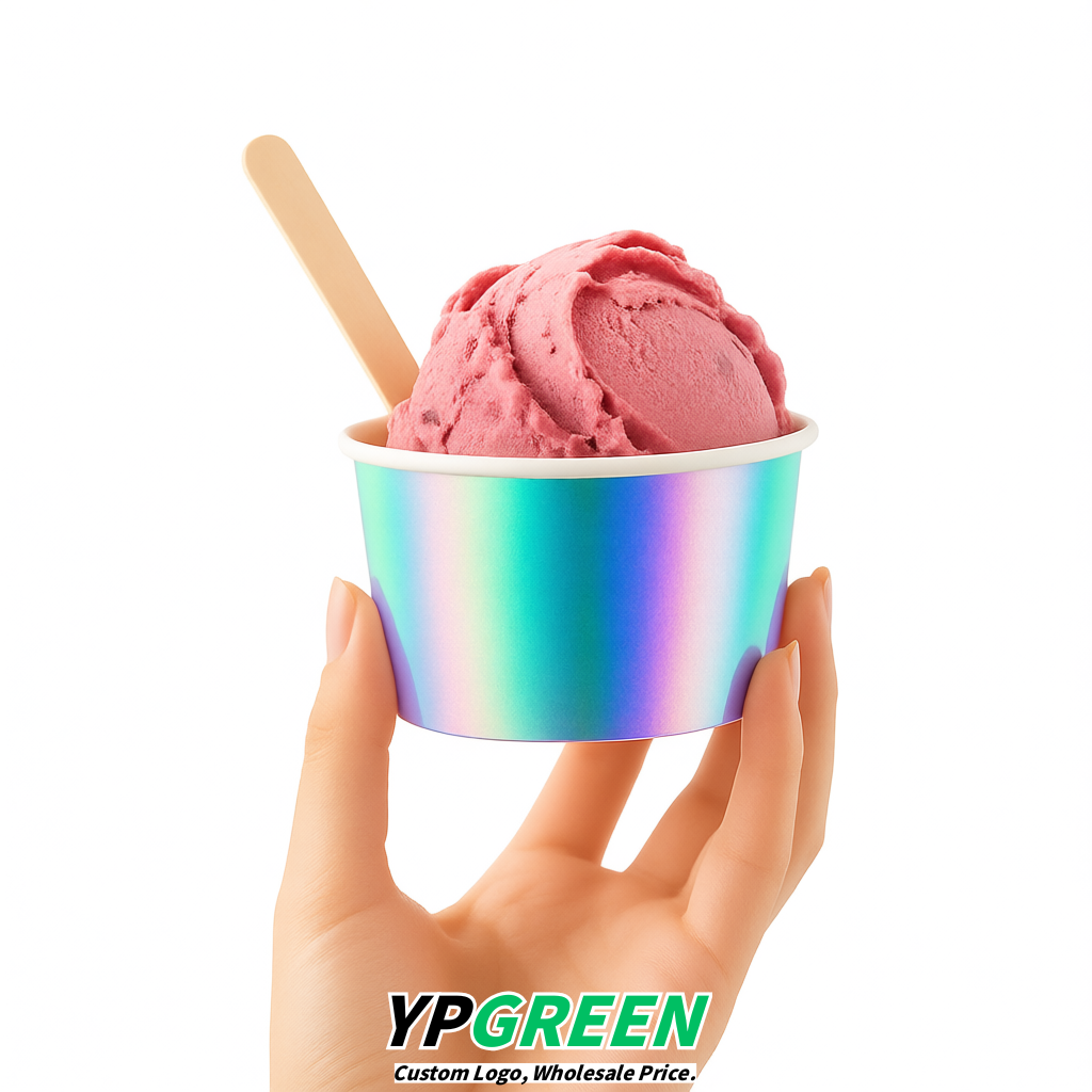 Holographic Paper Gelato Takeaway Cup 2-10oz Disposable Ice Cream Bowls with Lids Factory
