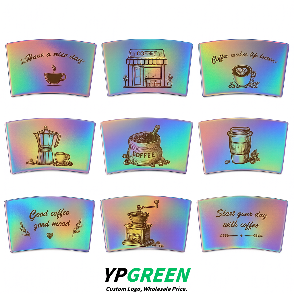 Holographic Kraft Paper Coffee Cup Sleeves For 10, 12, 16, 20 oz Paper & Plastic Cups Factory Holographic Kraft Paper Coffee Cup Sleeves For 10, 12, 16, 20 oz Paper & Plastic Cups Factory