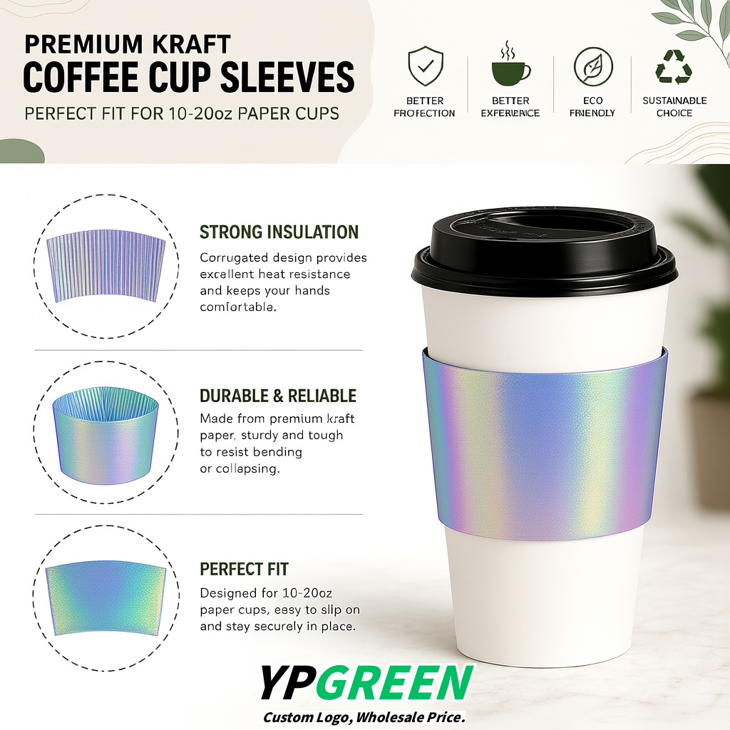 Holographic Kraft Paper Coffee Cup Sleeves For 10, 12, 16, 20 oz Paper & Plastic Cups Factory