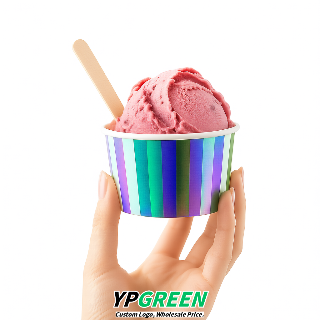 Iridescent Paper Gelato Takeaway Cup 2-10oz Disposable Ice Cream Bowls with Lids Factory