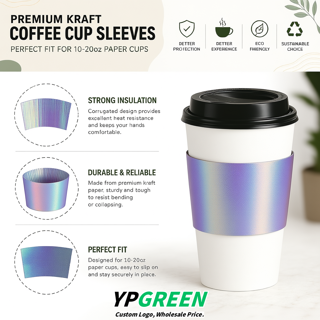 Iridescent Kraft Paper Coffee Cup Sleeves For 10, 12, 16, 20 oz Paper & Plastic Cups Factory