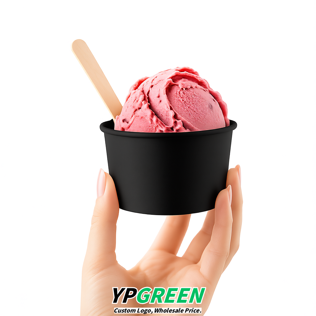 Jet Black Paper Gelato Takeaway Cup 2-10oz Disposable Ice Cream Bowls with Lids Factory