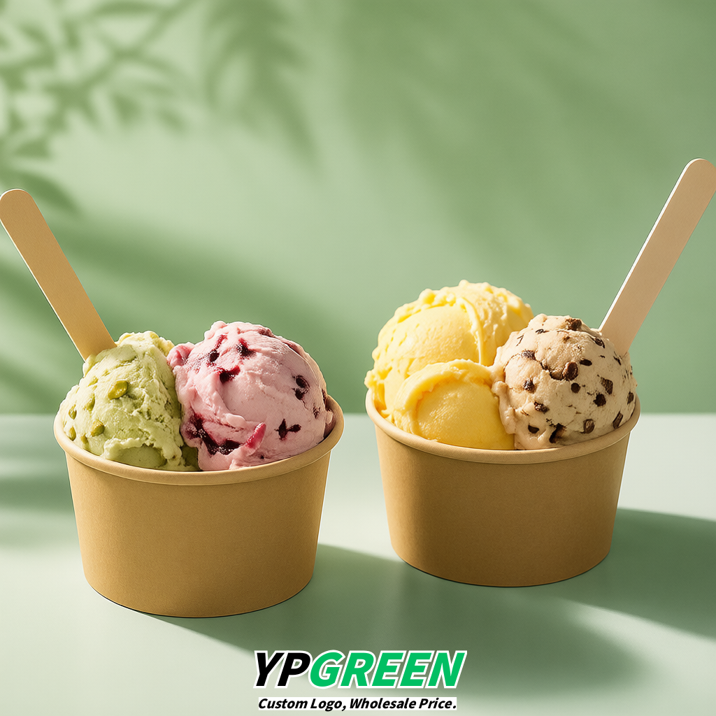 Kraft Brown Paper Gelato Takeaway Cup 2-10oz Disposable Ice Cream Bowls with Lids Factory