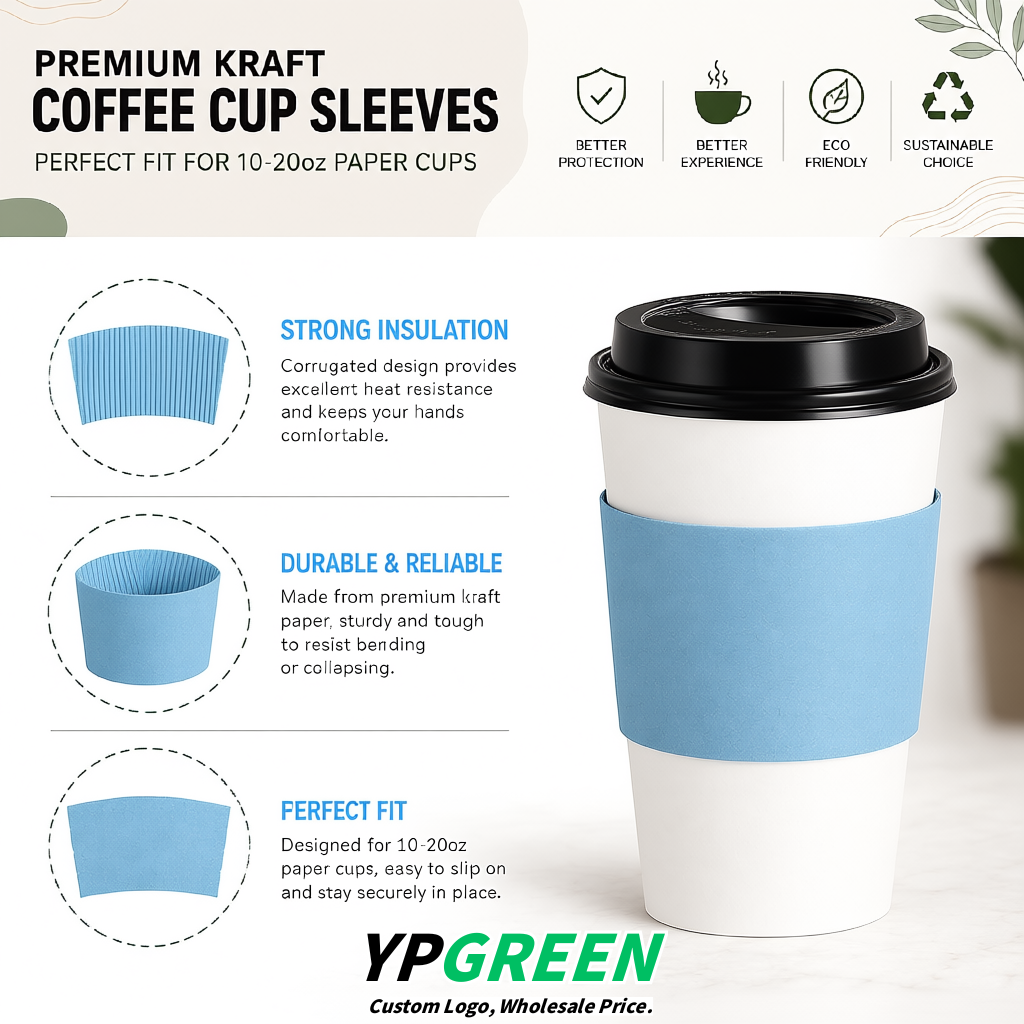 Lake Blue Kraft Paper Coffee Cup Sleeves For 10, 12, 16, 20 oz Paper & Plastic Cups Factory