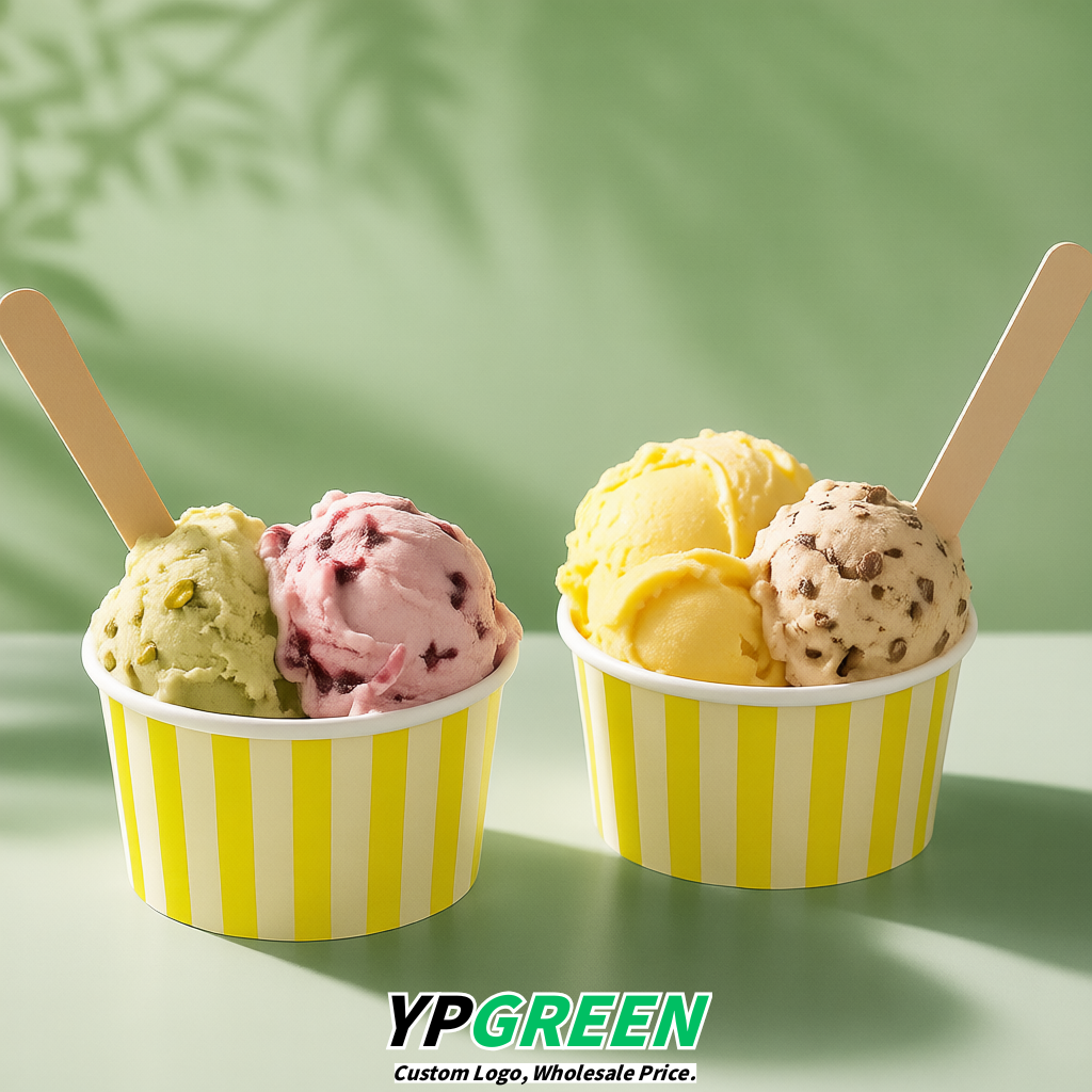 Lemon Yellow Paper Gelato Takeaway Cup 2-10oz Disposable Ice Cream Bowls with Lids Factory