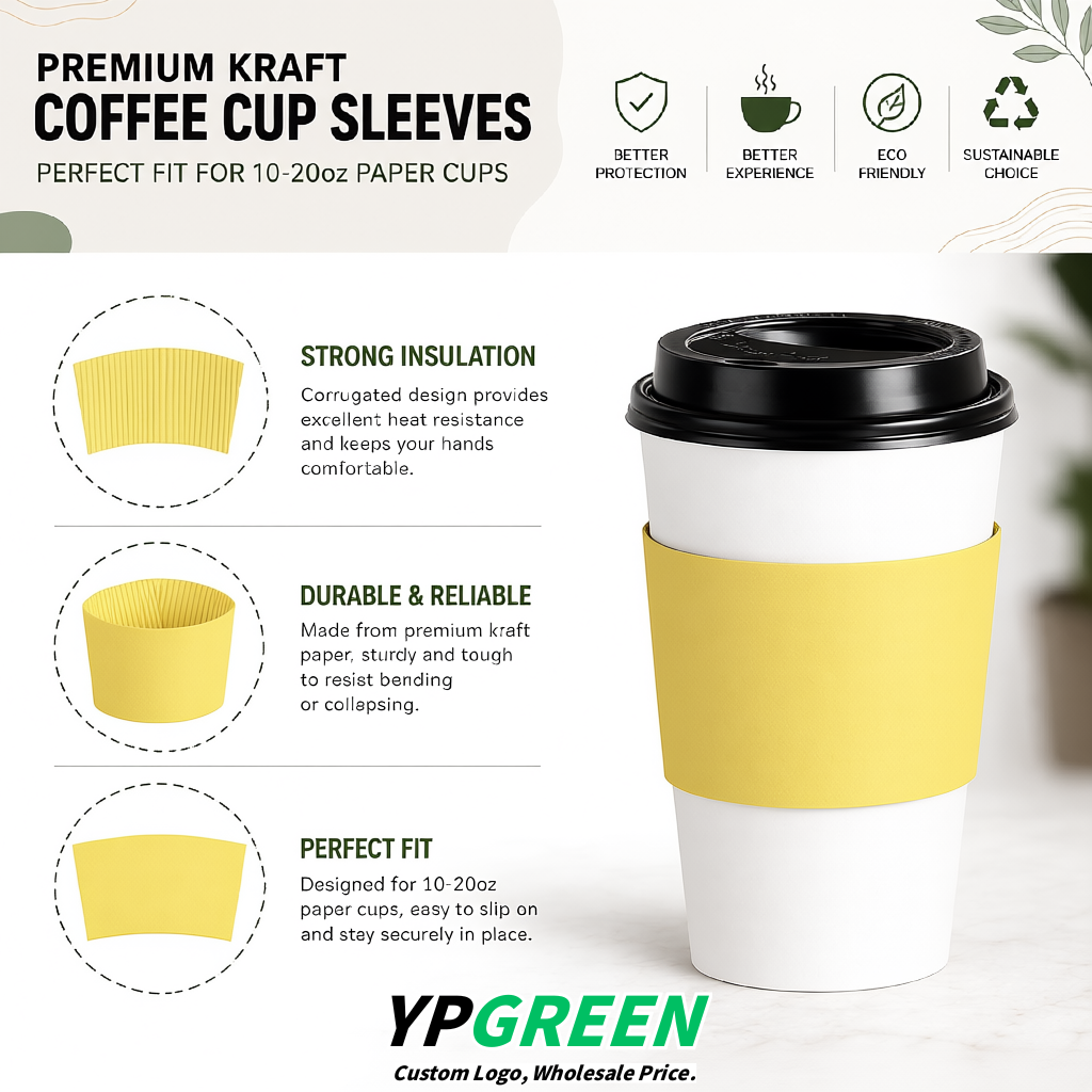 Lemon Yellow Kraft Paper Coffee Cup Sleeves For 10, 12, 16, 20 oz Paper & Plastic Cups Factory