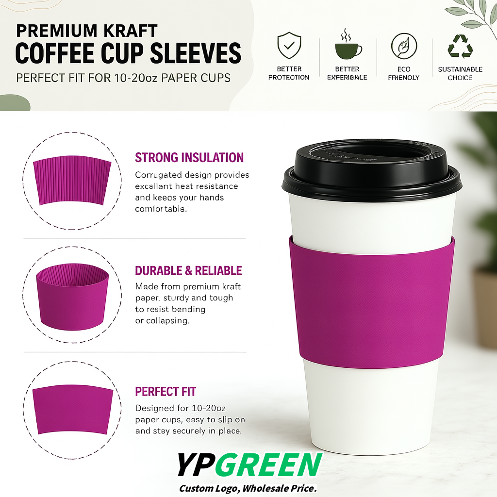 Magenta Kraft Paper Coffee Cup Sleeves For 10, 12, 16, 20 oz Paper & Plastic Cups Factory