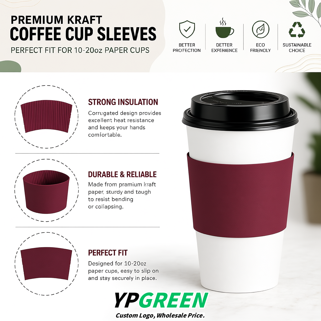 Maroon Kraft Paper Coffee Cup Sleeves For 10, 12, 16, 20 oz Paper & Plastic Cups Factory