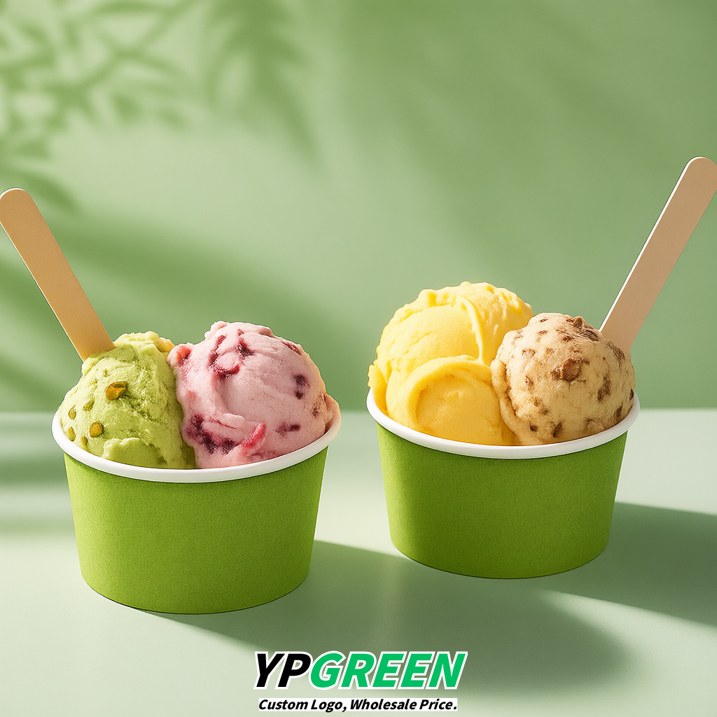 Matcha Green Paper Gelato Takeaway Cup 2-10oz Disposable Ice Cream Bowls with Lids Factory