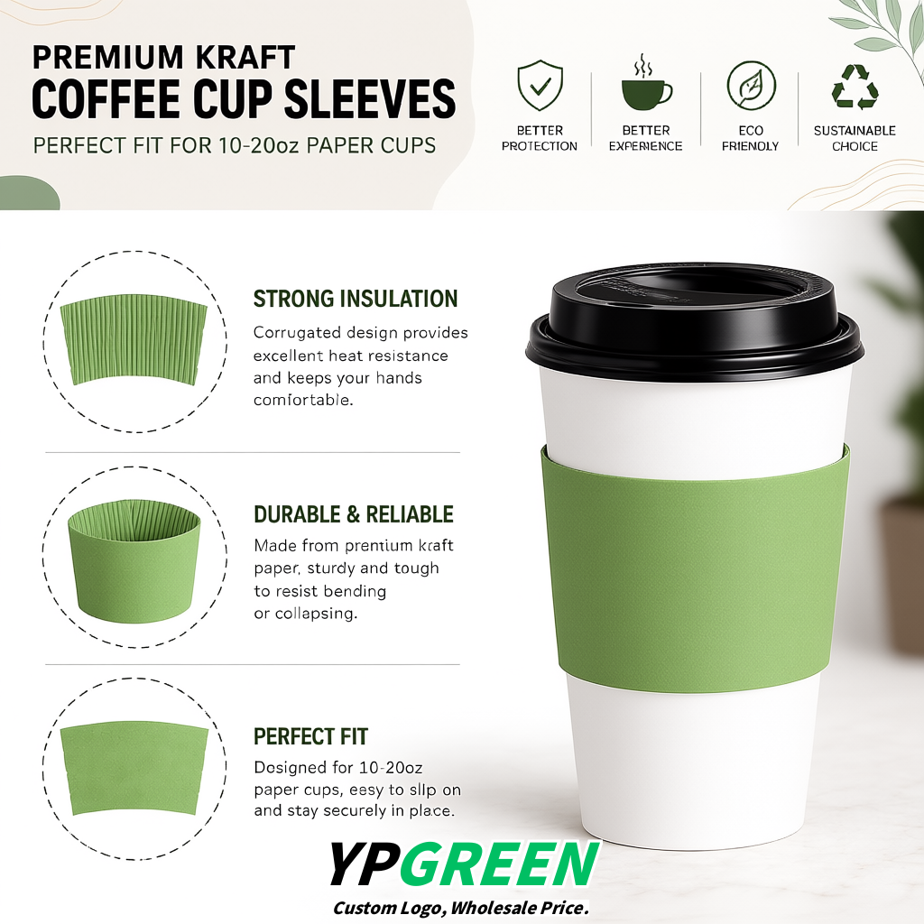 Matcha Green Kraft Paper Coffee Cup Sleeves For 10, 12, 16, 20 oz Paper & Plastic Cups Factory