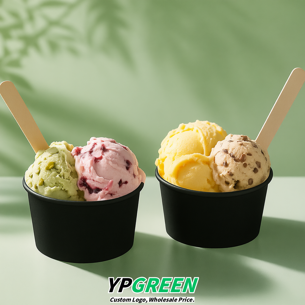 Matte Black Paper Gelato Takeaway Cup 2-10oz Disposable Ice Cream Bowls with Lids Factory