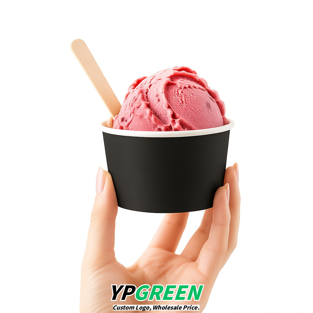 Matte Black Paper Gelato Takeaway Cup 2-10oz Disposable Ice Cream Bowls with Lids Factory