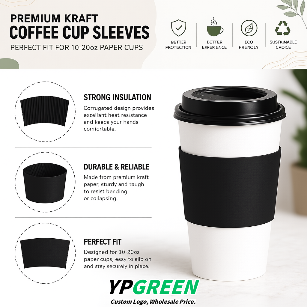 Matte Black Kraft Paper Coffee Cup Sleeves For 10, 12, 16, 20 oz Paper & Plastic Cups Factory